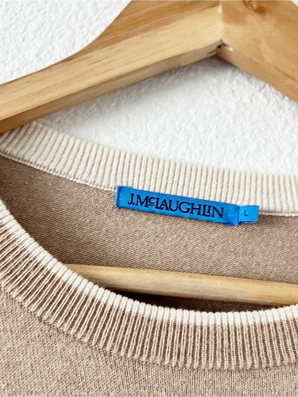 J. McLaughlin Striped Crewneck Tan White Knit Preppy Stretch Pullover Sweater - Picture 3 of 8